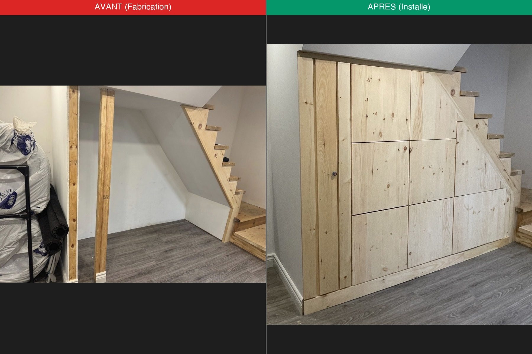 Rangement sur mesure sous escalier — ébénisterie et finitions intérieures