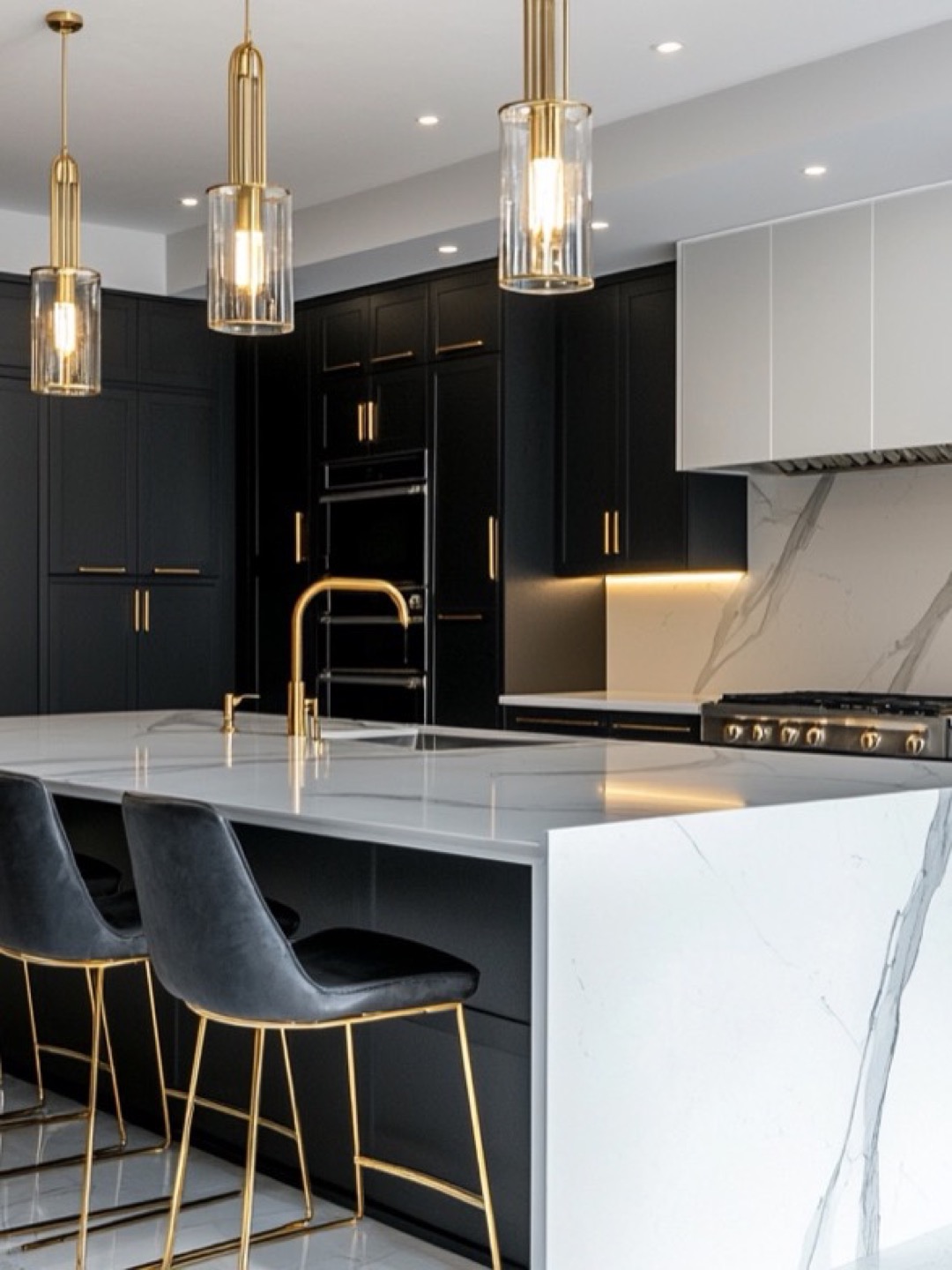 Armoires noir mat, accents laiton et îlot en quartz veiné
