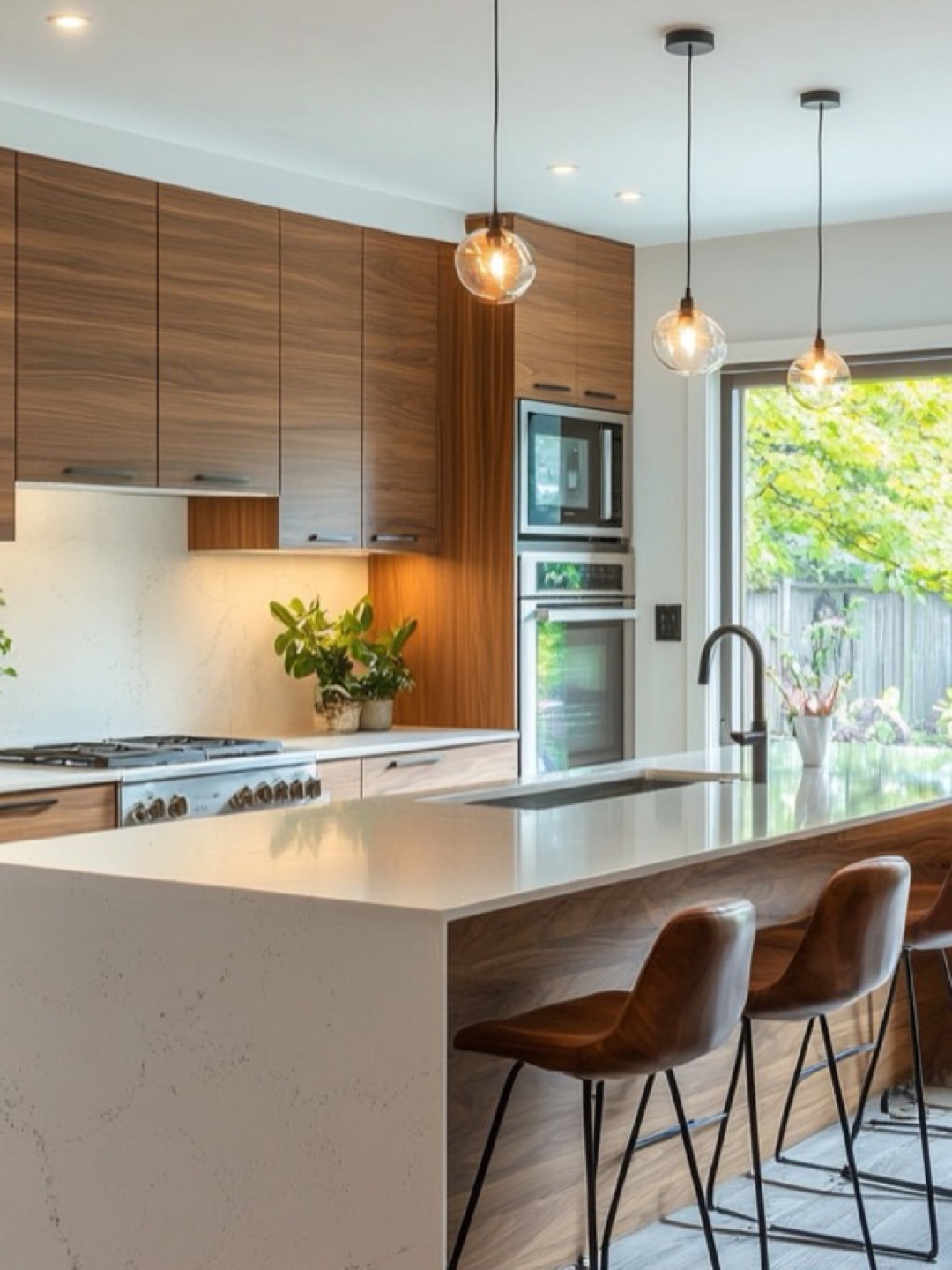 Armoires en noyer, comptoir quartz blanc et tabourets en cuir