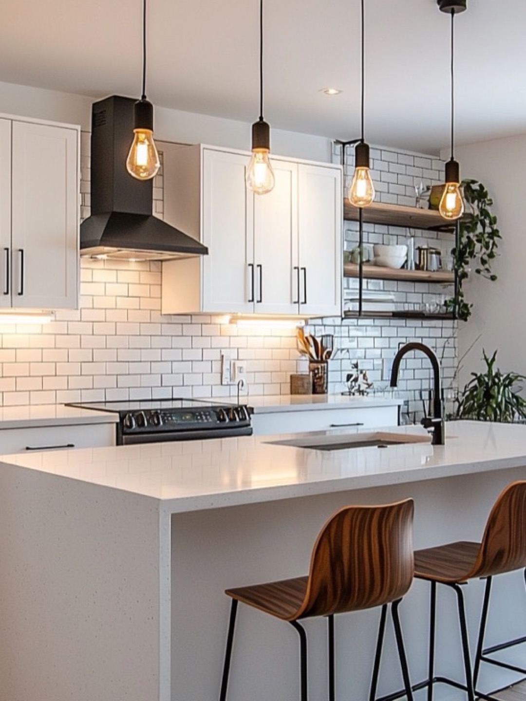 Cuisine blanche, dosseret de carreaux métro et îlot en quartz